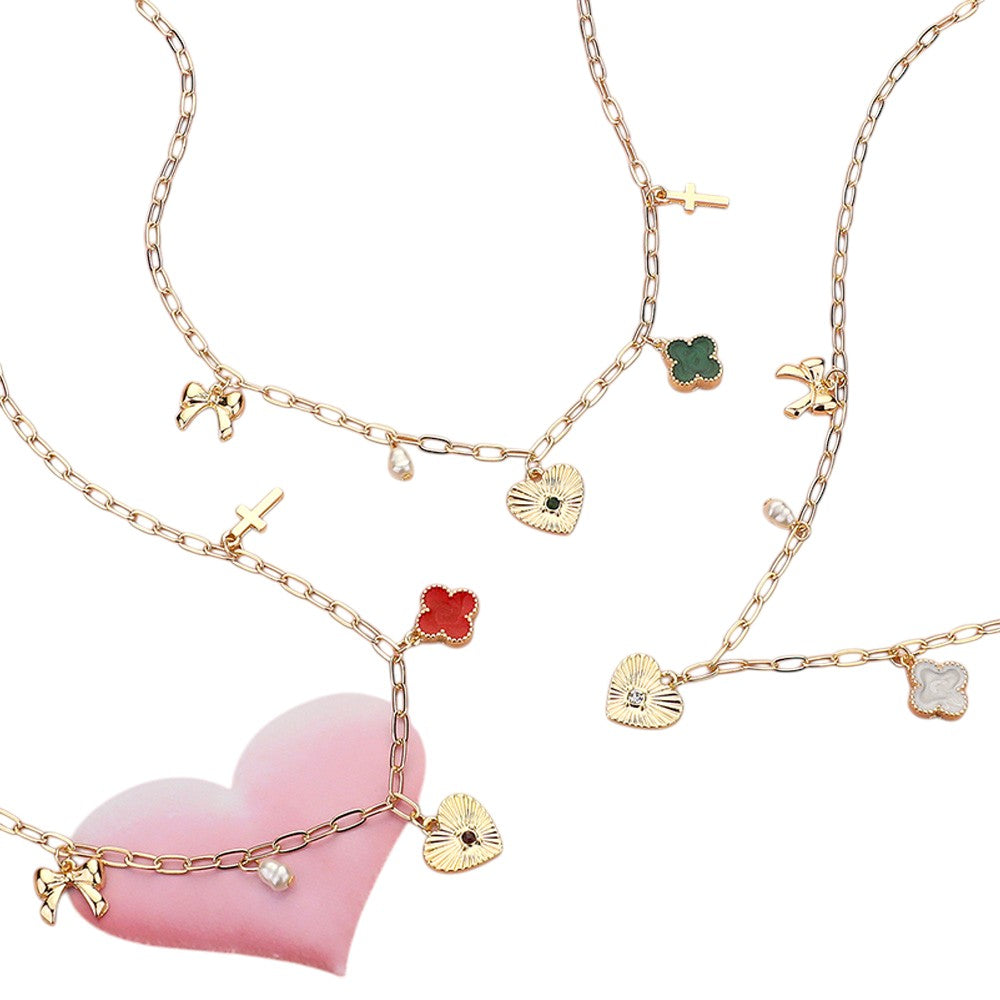 Heart Bow Pearl Quatrefoil Cross Charm Station Paperclip Chain Necklace