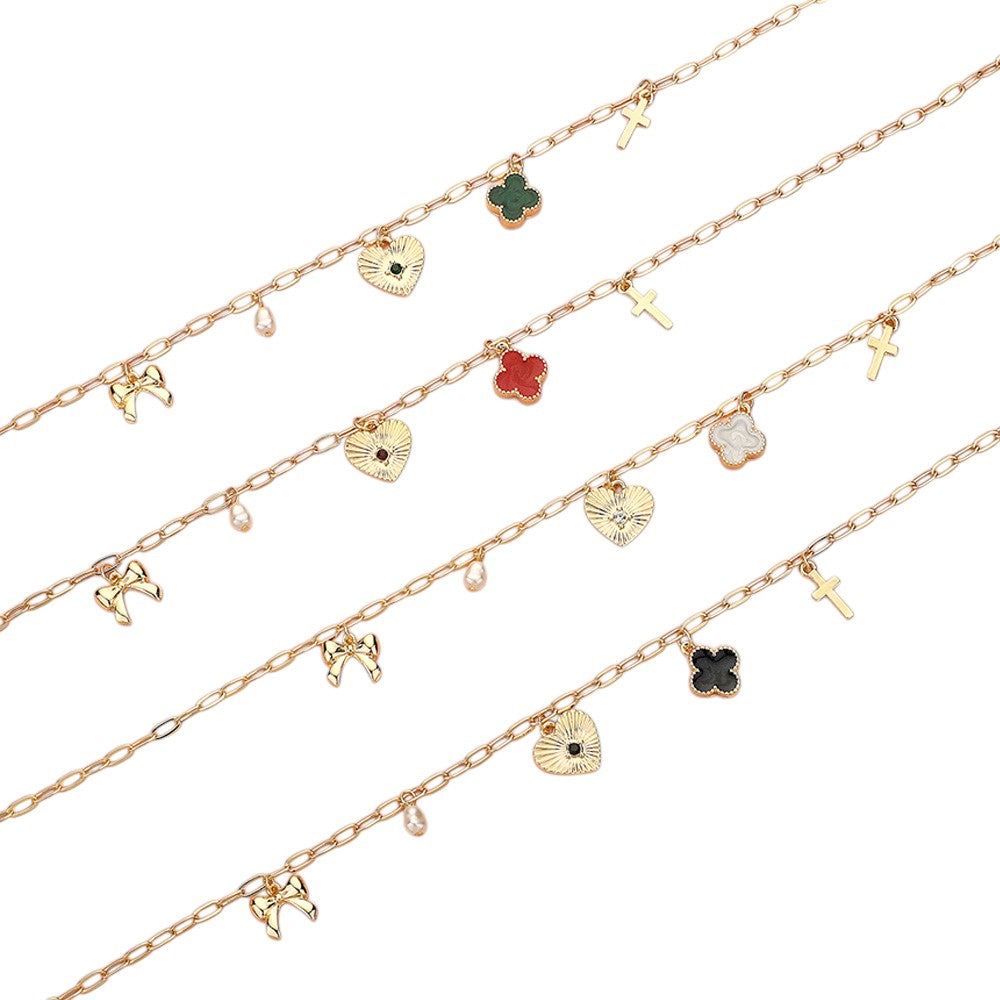 Heart Bow Pearl Quatrefoil Cross Charm Station Paperclip Chain Necklace
