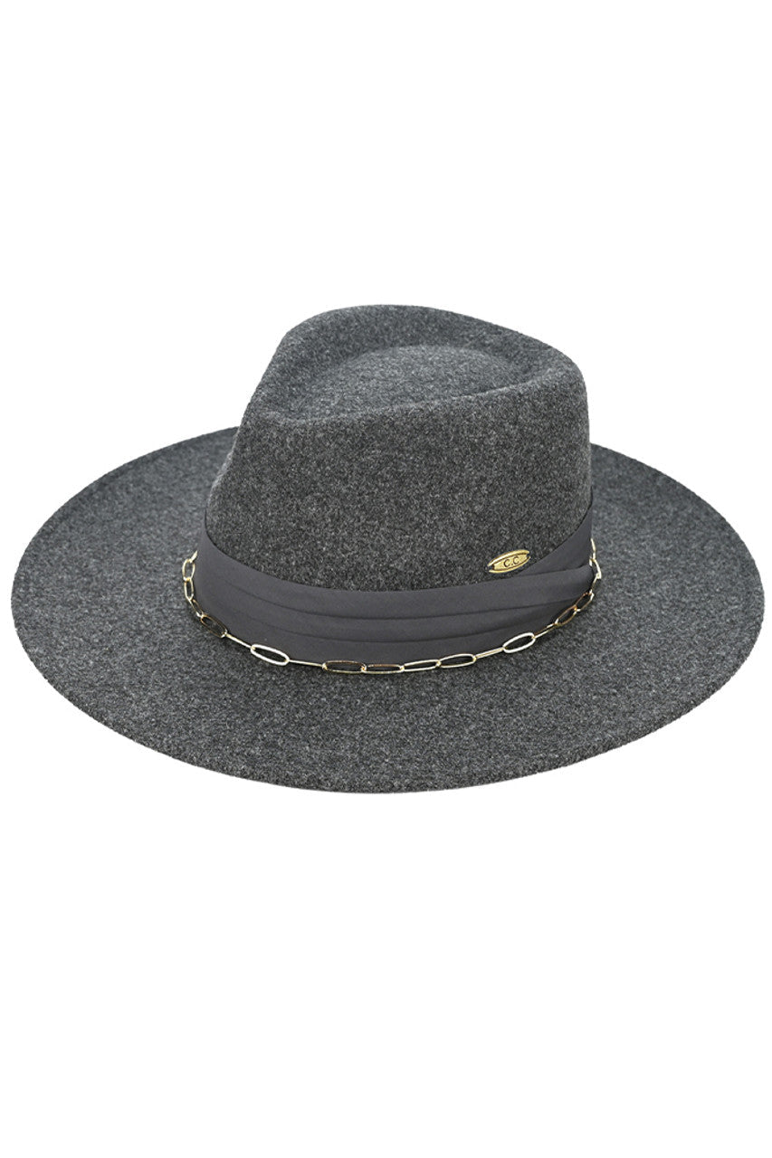 C.C Link Chain & Pleated Wide Band Vegan Felt Hat