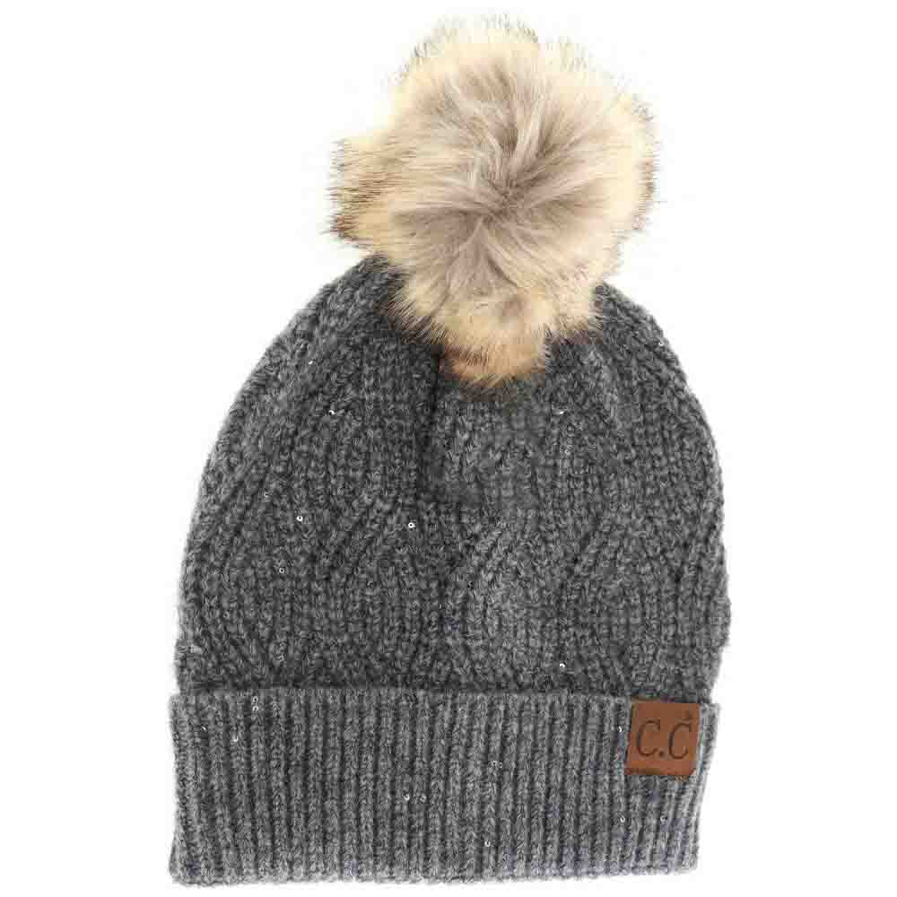 Sequin Brioche Cable Knit Fur Pom C.C Beanie