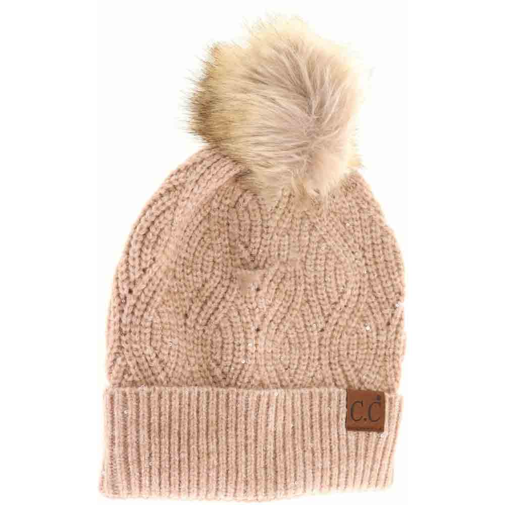 Sequin Brioche Cable Knit Fur Pom C.C Beanie