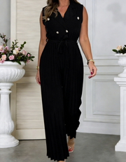 Summer Sleeveless V-Neck Tie-Front Pleated Jumpsuit Dress