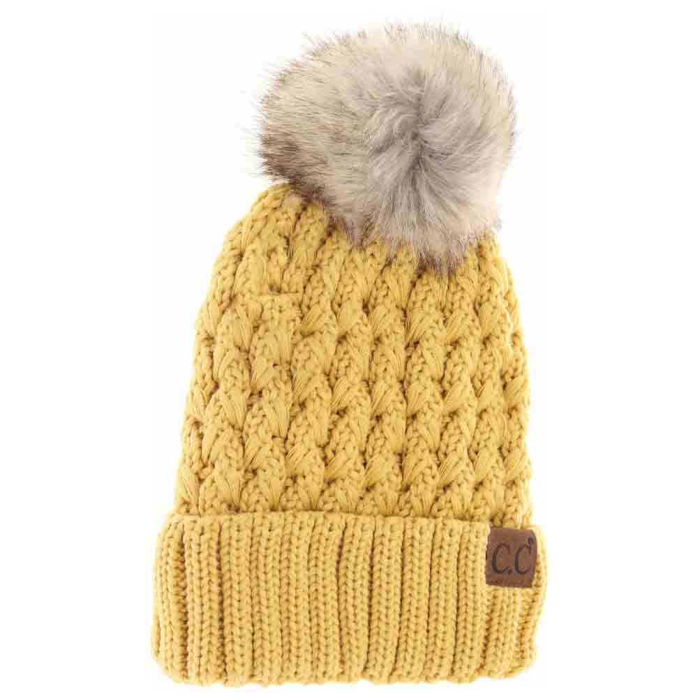 Solid Lattice Stitch Fur Pom C.C Beanie