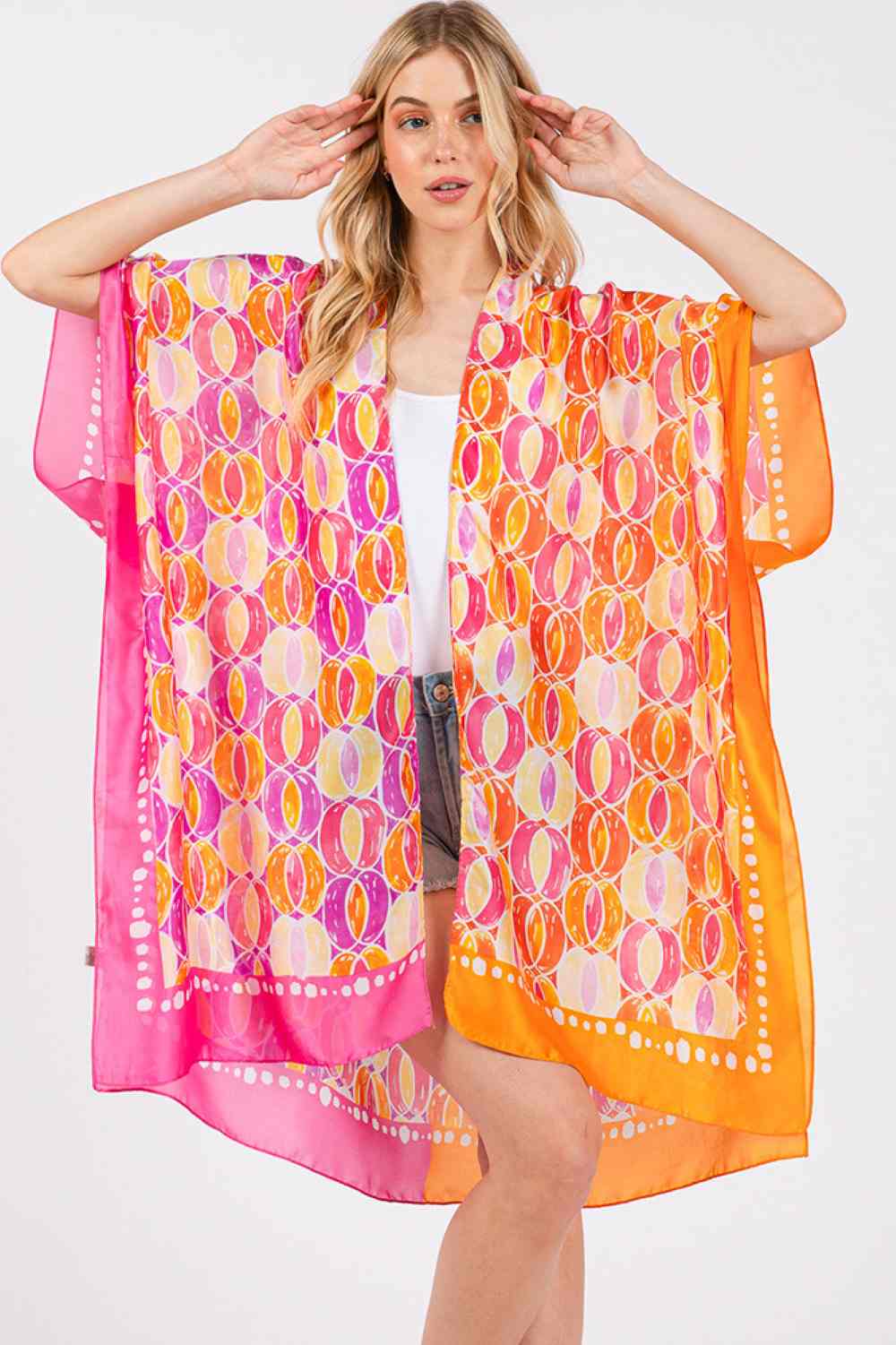 Two Tones Trim Abstract Pattern Silky Feel Kimono