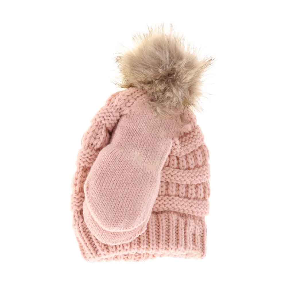 BABY Solid Knit Faux Fur Pom C.C Beanie with Mitten SET