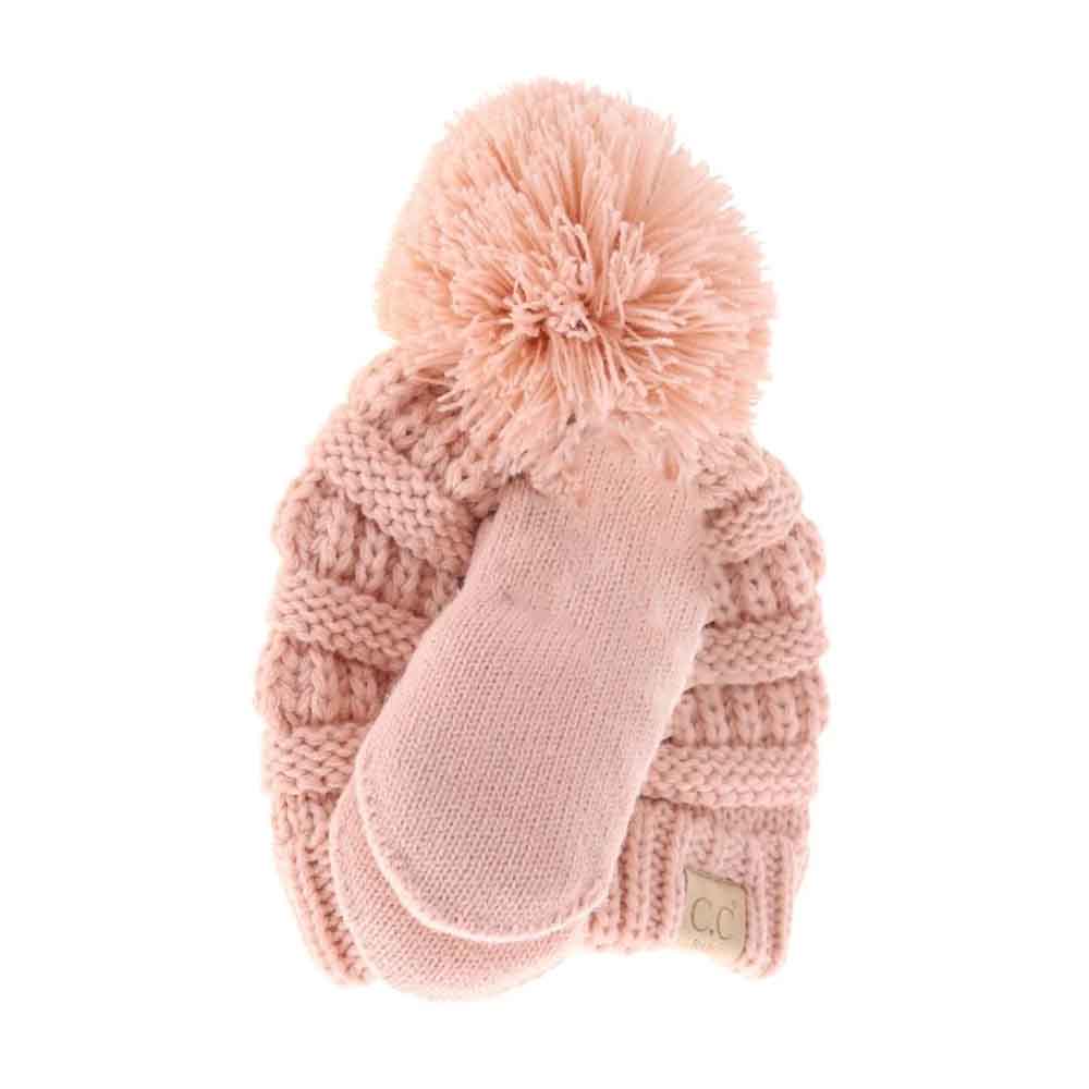 BABY Solid Knit Pom C.C Beanie with Mitten SET