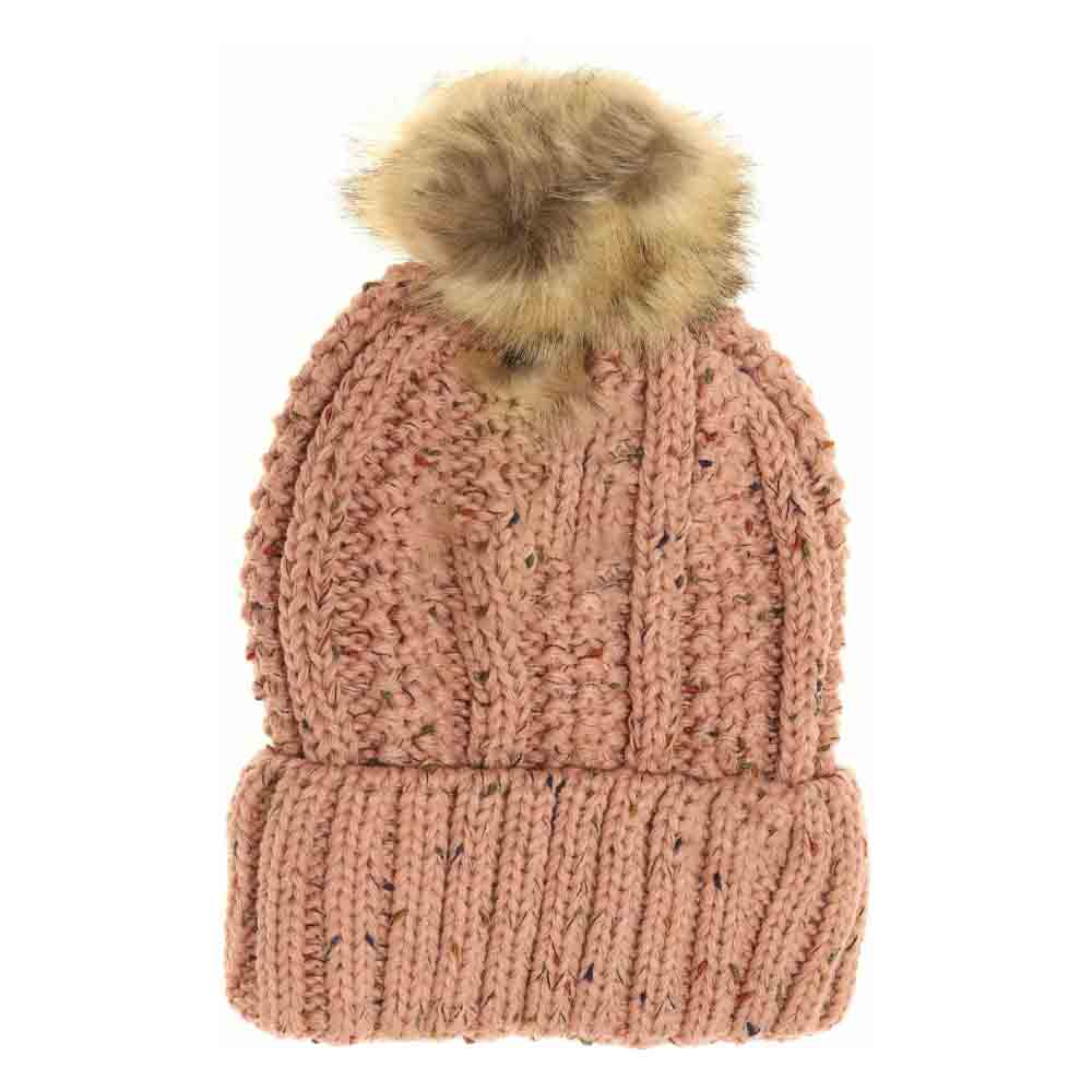 Fuzzy Lined Flecked Fur Pom C.C Beanie