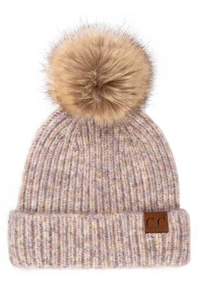 C.C Classic Rib Beanie With Faux Fur Pom