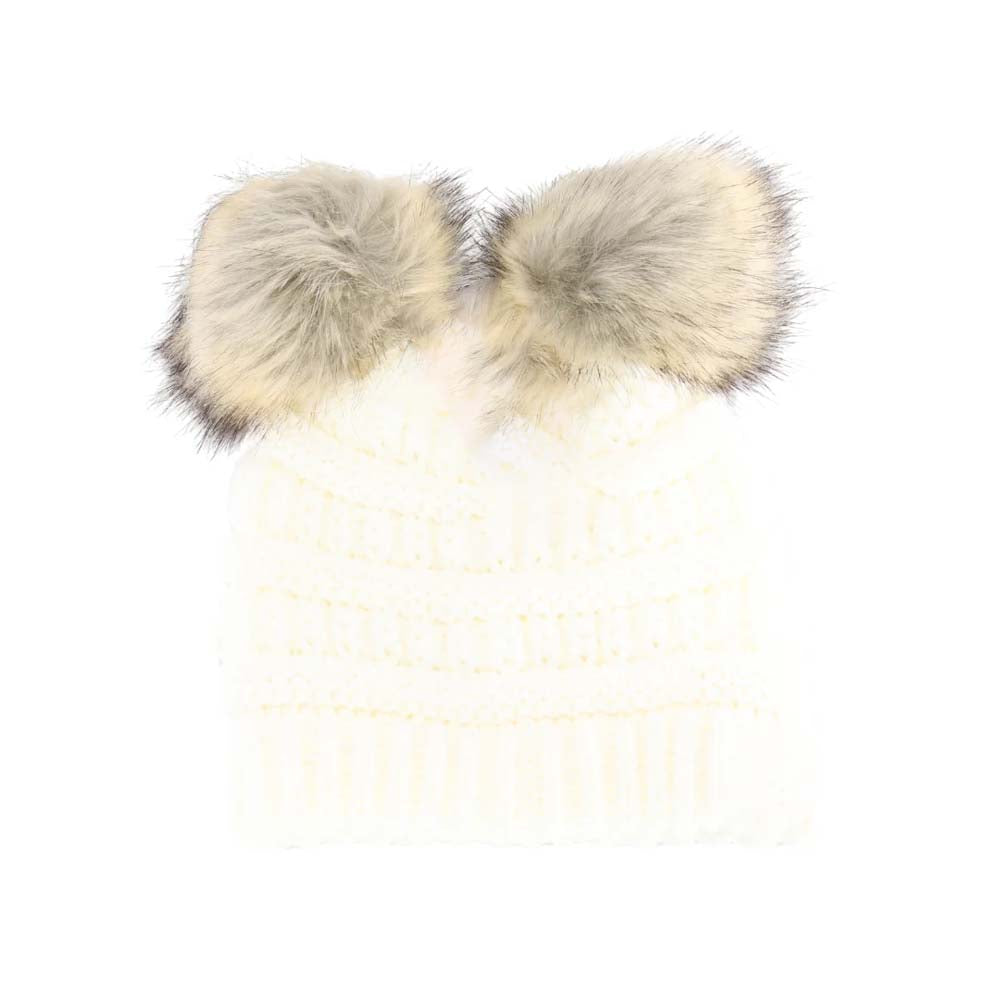 BABY Solid Ribbed Faux Fur Double Pom C.C Beanie