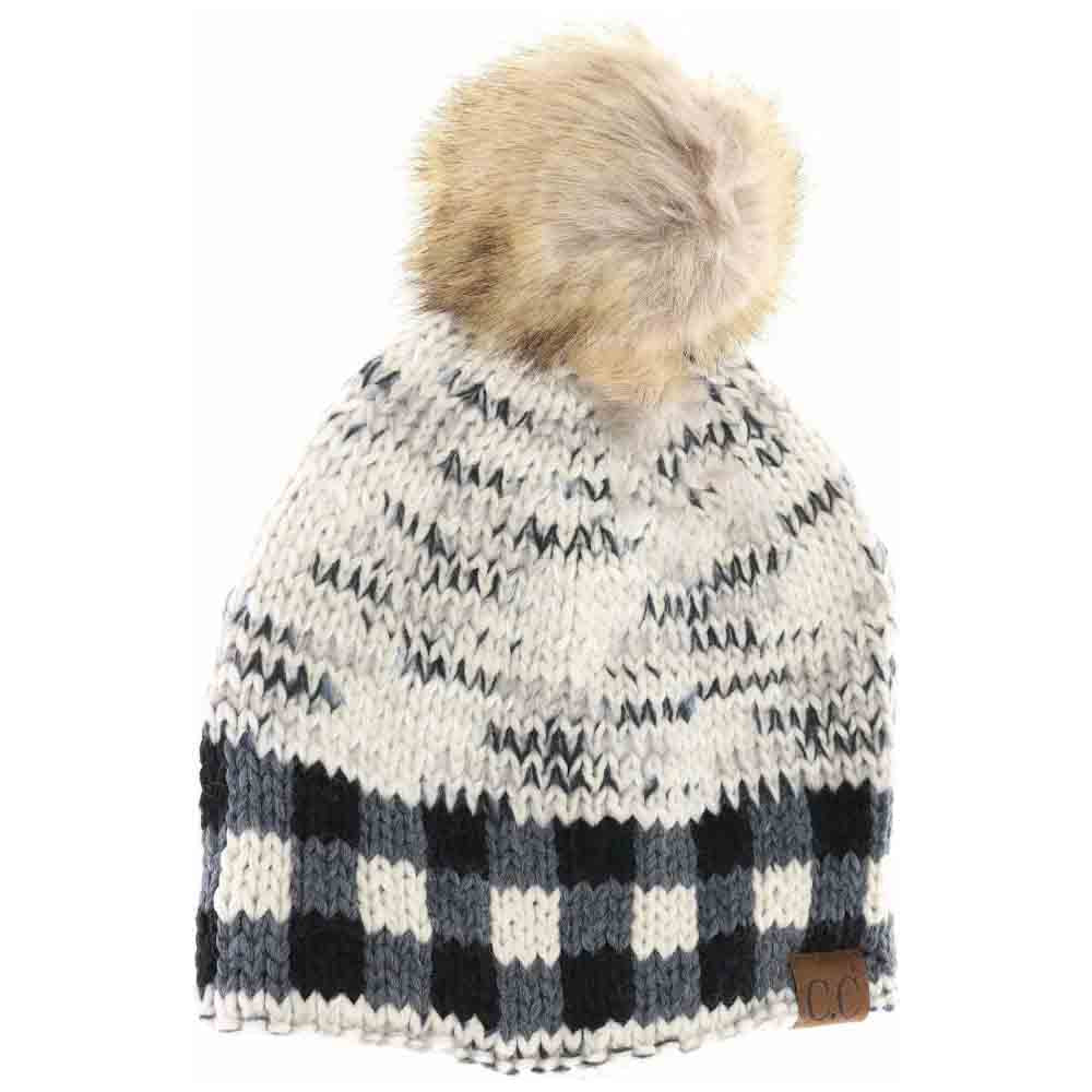 Buffalo Check Mixed Print Fur Pom C.C Beanie