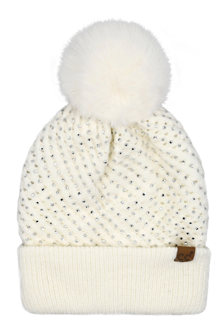 C.C Allover Rhinestone Pom Beanie