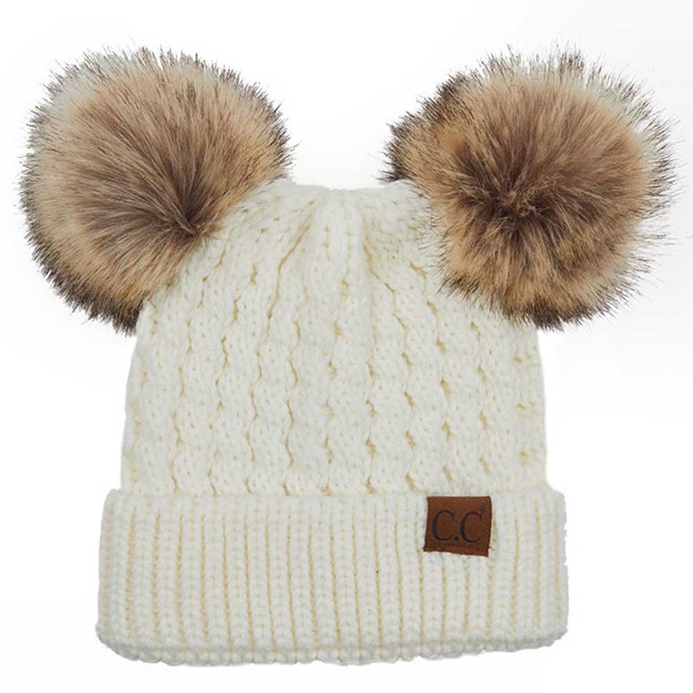 C.C Women's Double Pom All Over Cable Knit Beanie