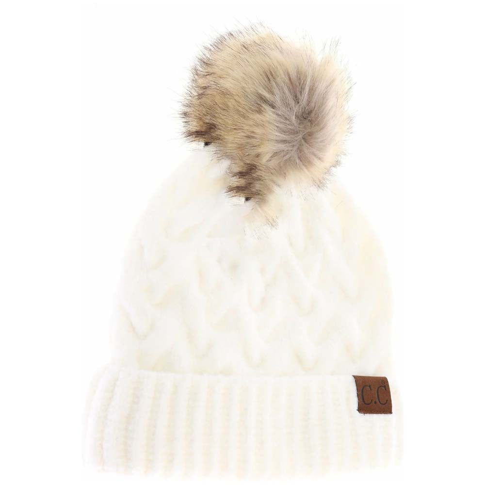 Chunky Braided Cable Knit Fur Pom C.C Beanie
