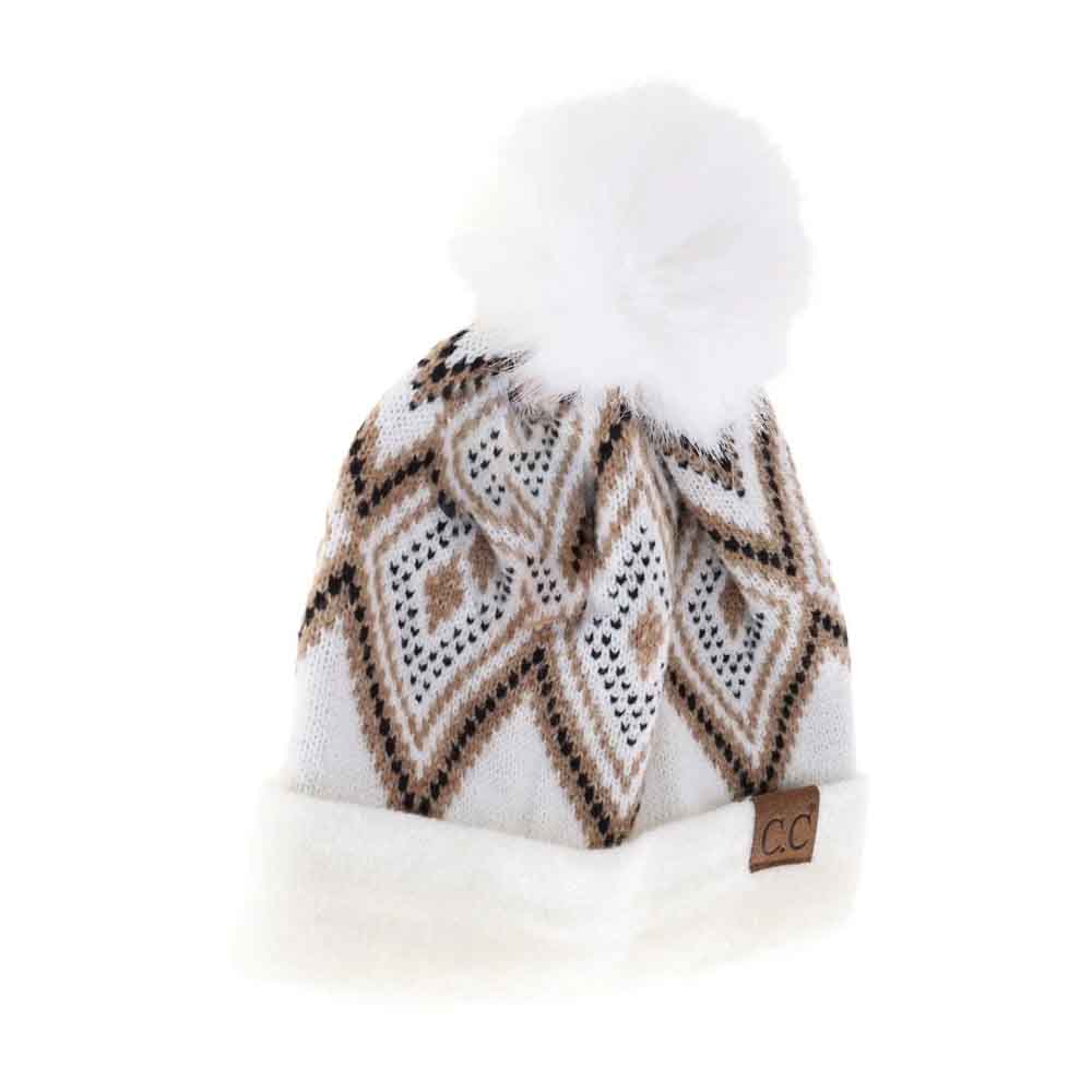 Diamond Geometric Pattern Faux Fur Pom C.C Beanie