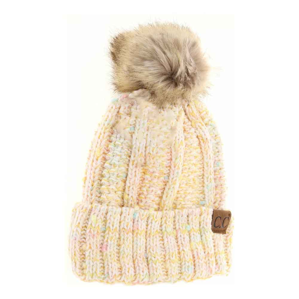 Fuzzy Lined Confetti Knit Fur Pom C.C Beanie