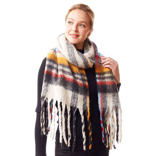 Plaid Check Patterned Soft Fuzzy Knit Oblong Scarf