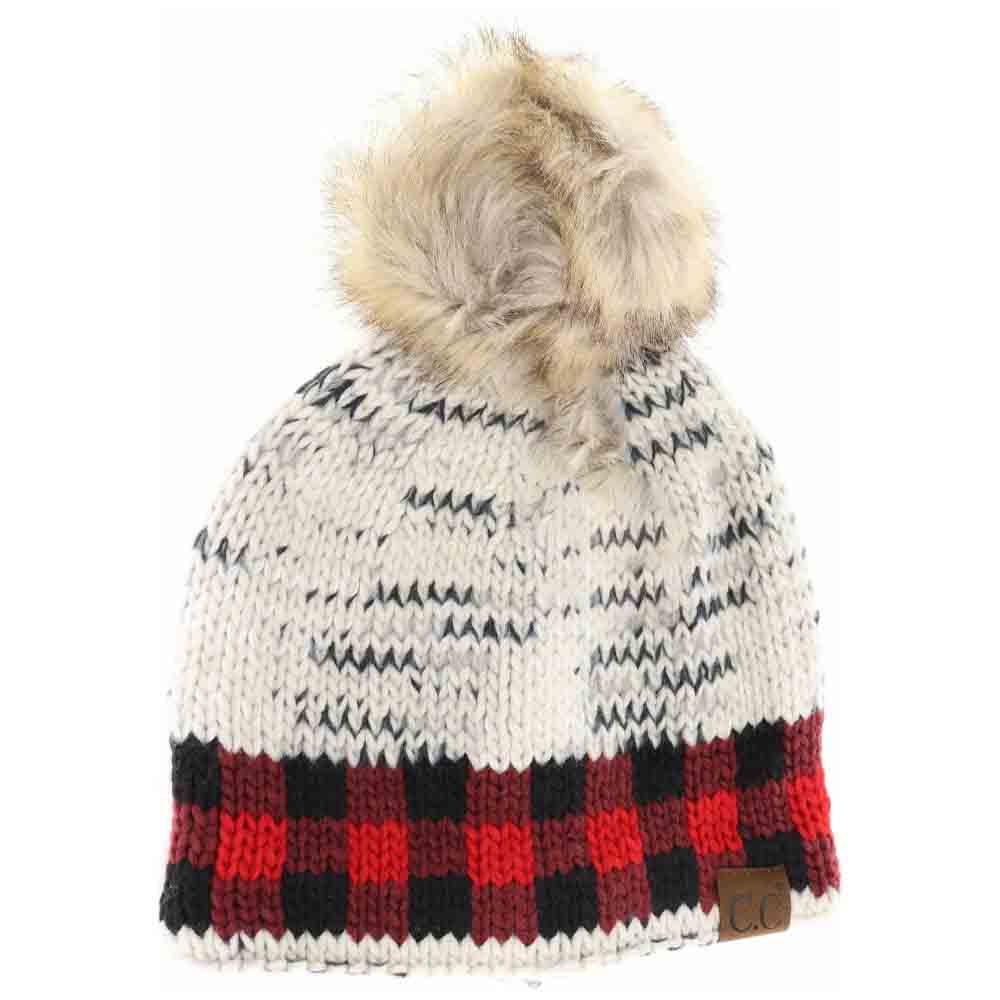 Buffalo Check Mixed Print Fur Pom C.C Beanie