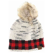 Buffalo Check Mixed Print Fur Pom C.C Beanie