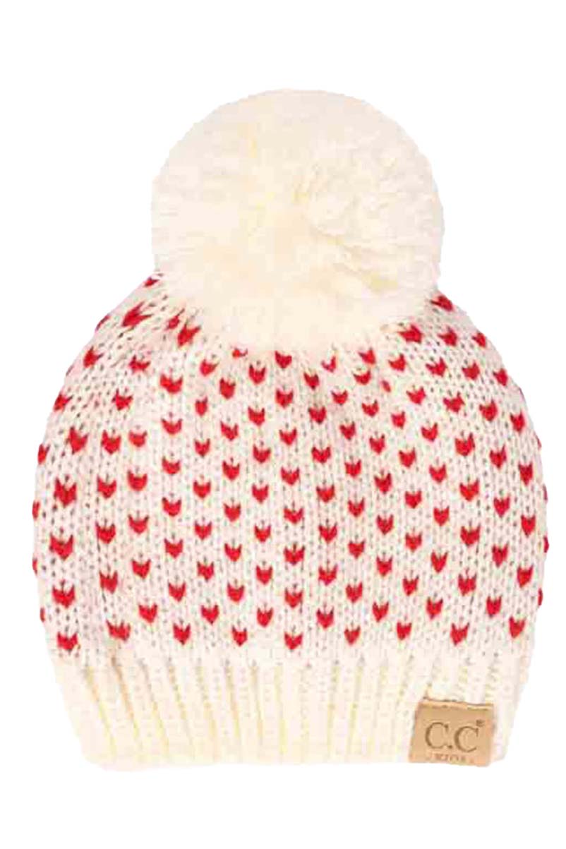 C.C Kids Heart Pattern Knit Beanie with Pom