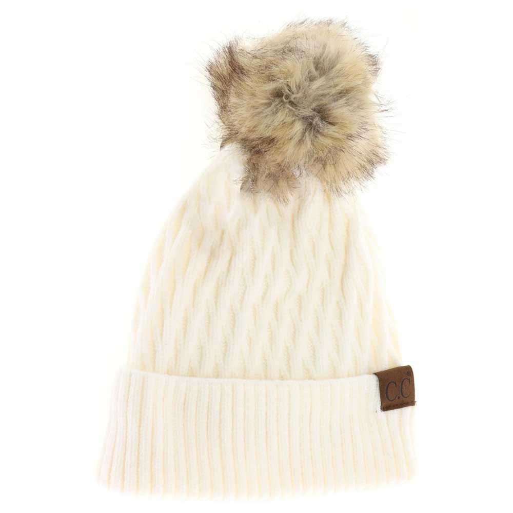 Solid Honey Comb Fur Pom C.C Beanie