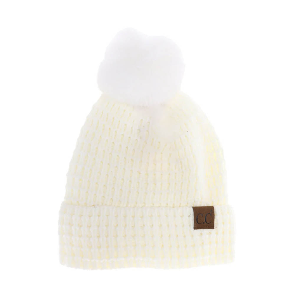 Waffle Knit Faux Fur Pom C.C Beanie