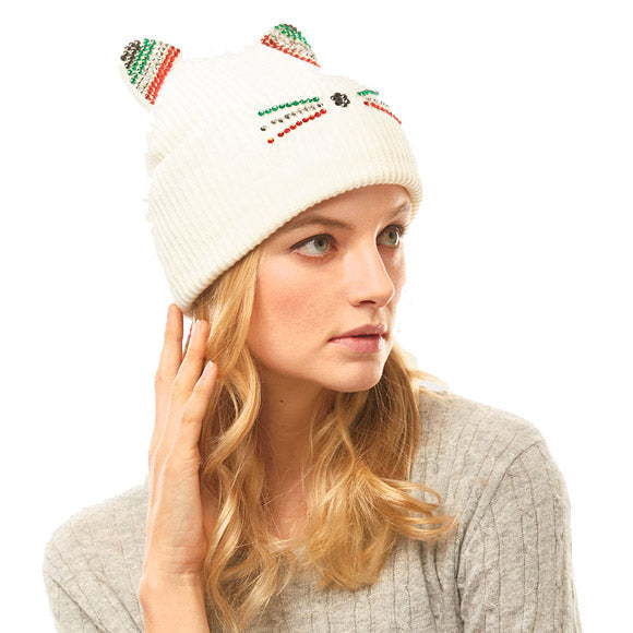 Crystal Embellished Cat Ear Beanie Hat