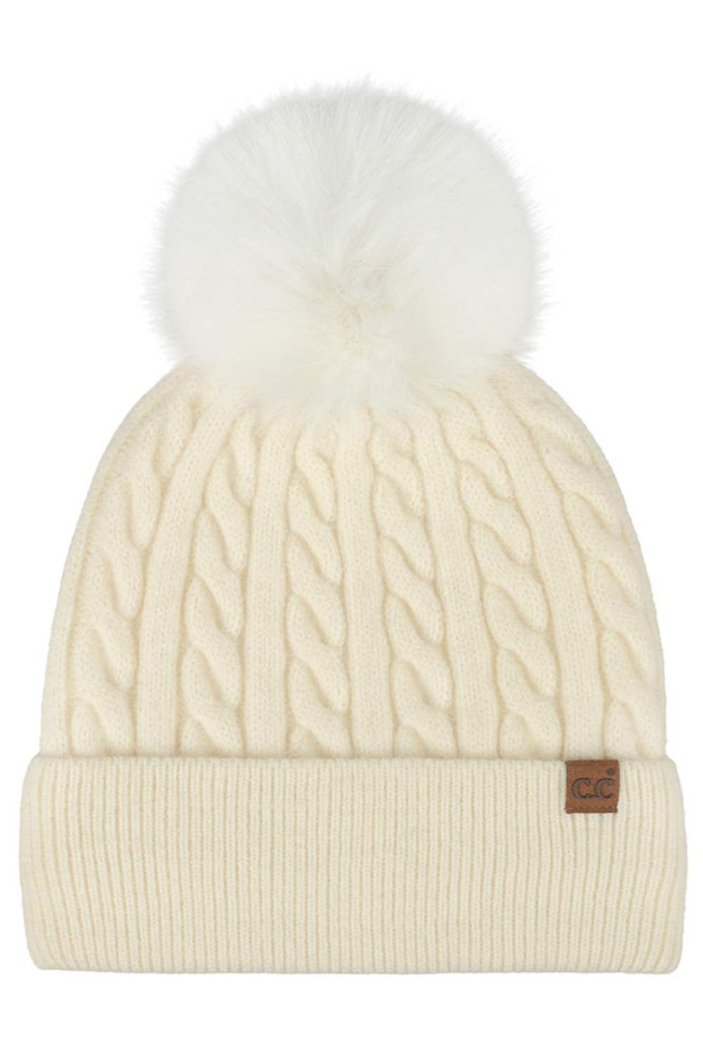 C.C Cable Knit Pattern Pom and Cuff Beanie Hat