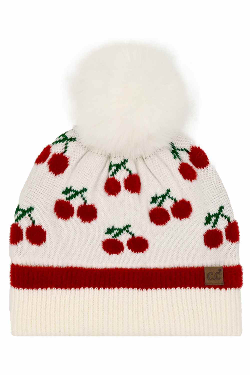 CC Beanie Cherry Pattern Pom Beanie Winter Hat