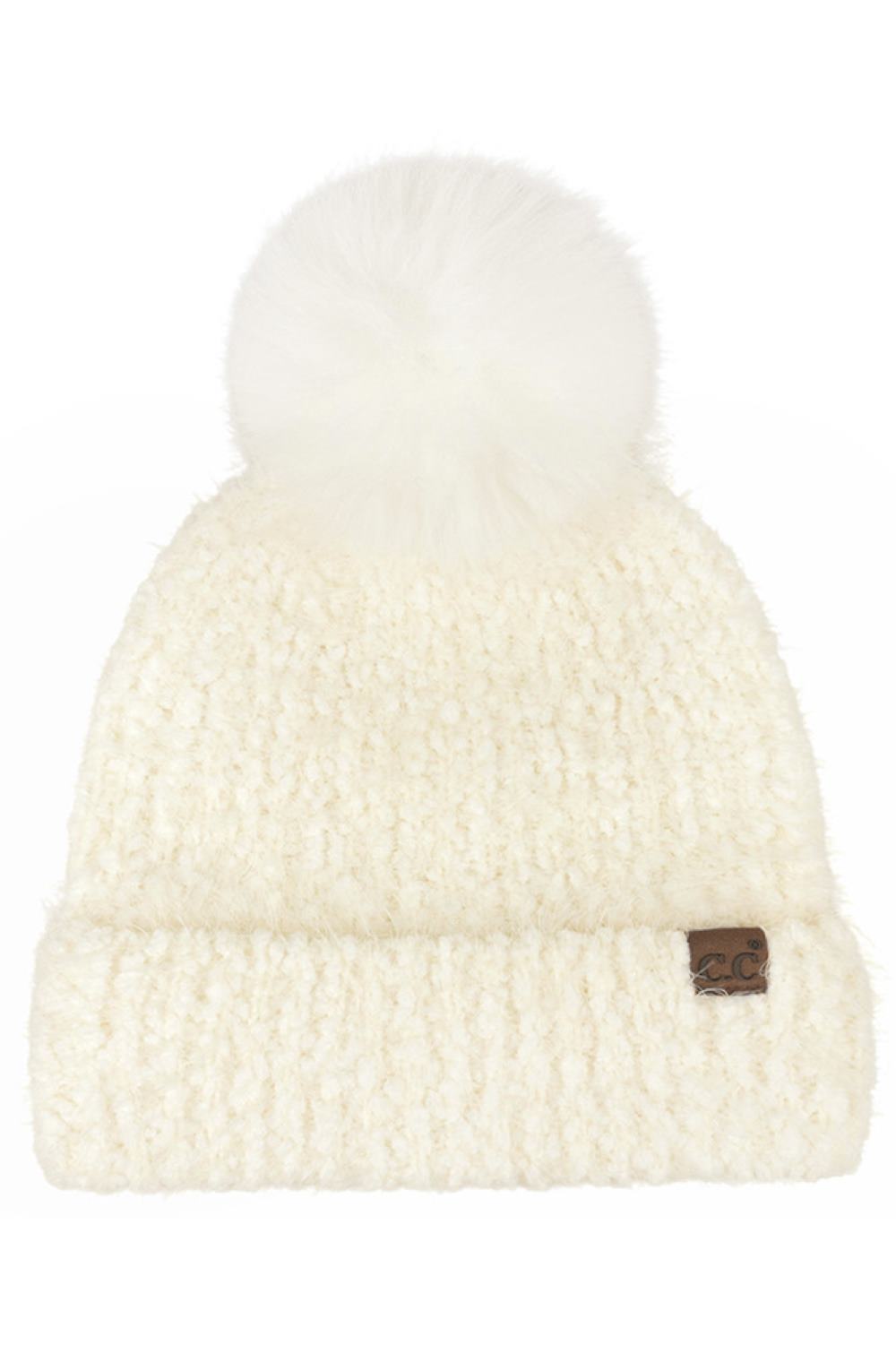C.C Faux Fur Pom Boucle Cuff Beanie Winter Hat
