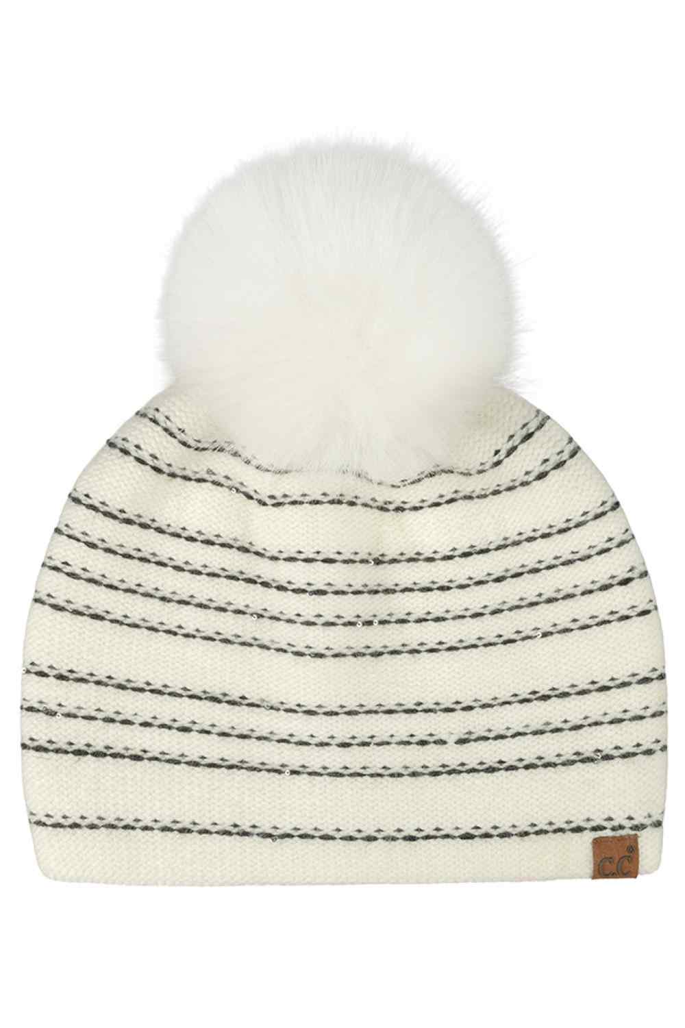 C.C Stripe Stitches with Sequin Angora Pom Beanie Winter Hat