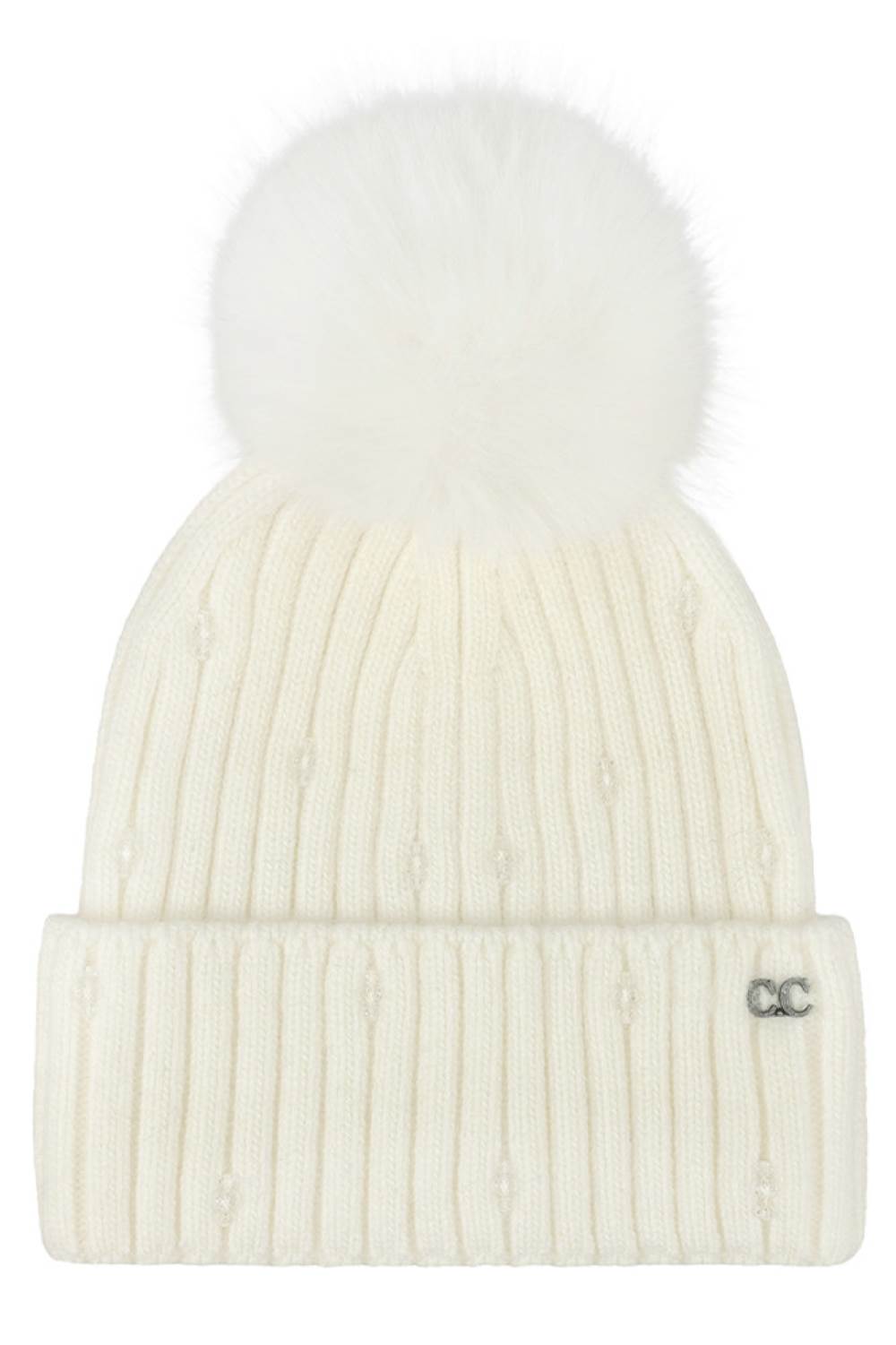 C.C Glass Bead Embellishment Faux Fur Pom Beanie