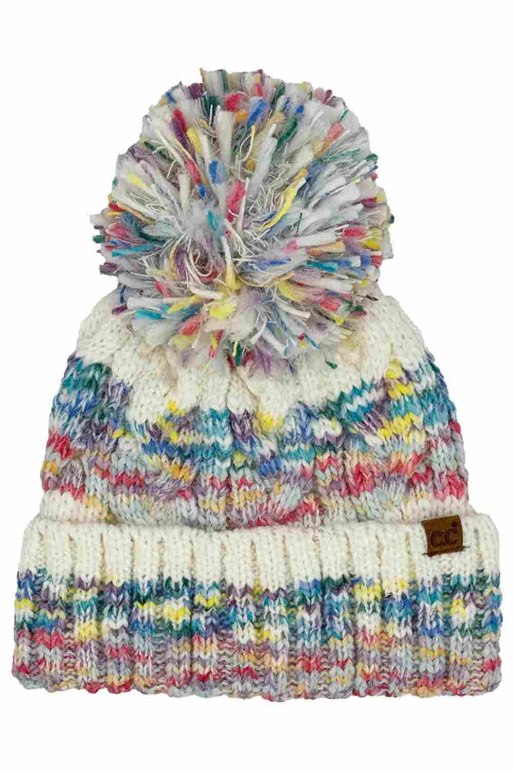 C.C Multi Color Cable Pom Cuff Beanie Winter Hat