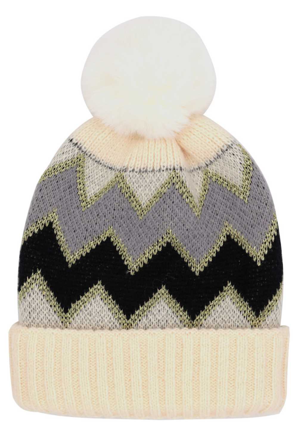 Chevron PomPom Fuzzy Fleece Beanie
