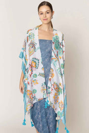 Floral Print Stripe Edge Tassel Kimono