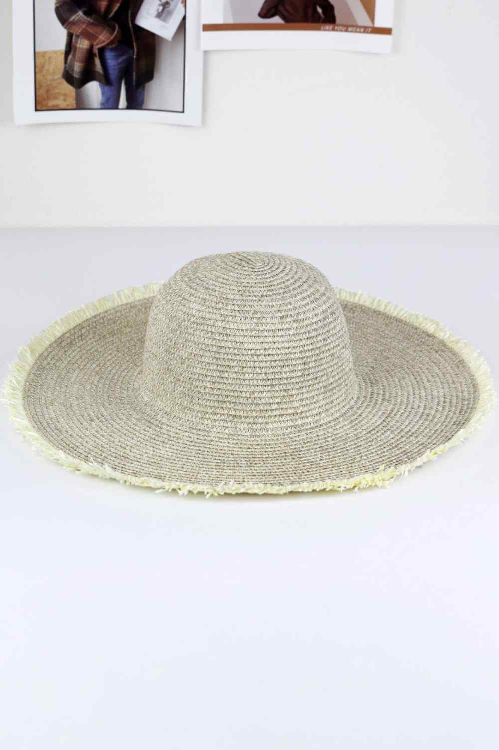 Frayed Two Tone Mixed Color Straw Floppy Hat
