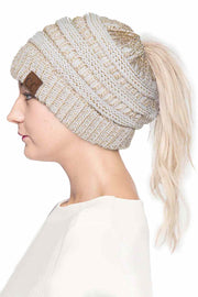 C.C Metallic Messy Bun Ponytail Beanie