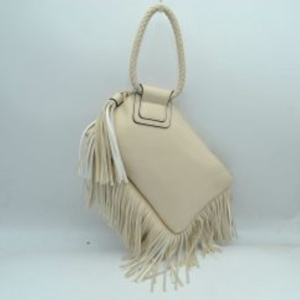 Fringe Accent Clutch Bag with Braided Circular Top Handle