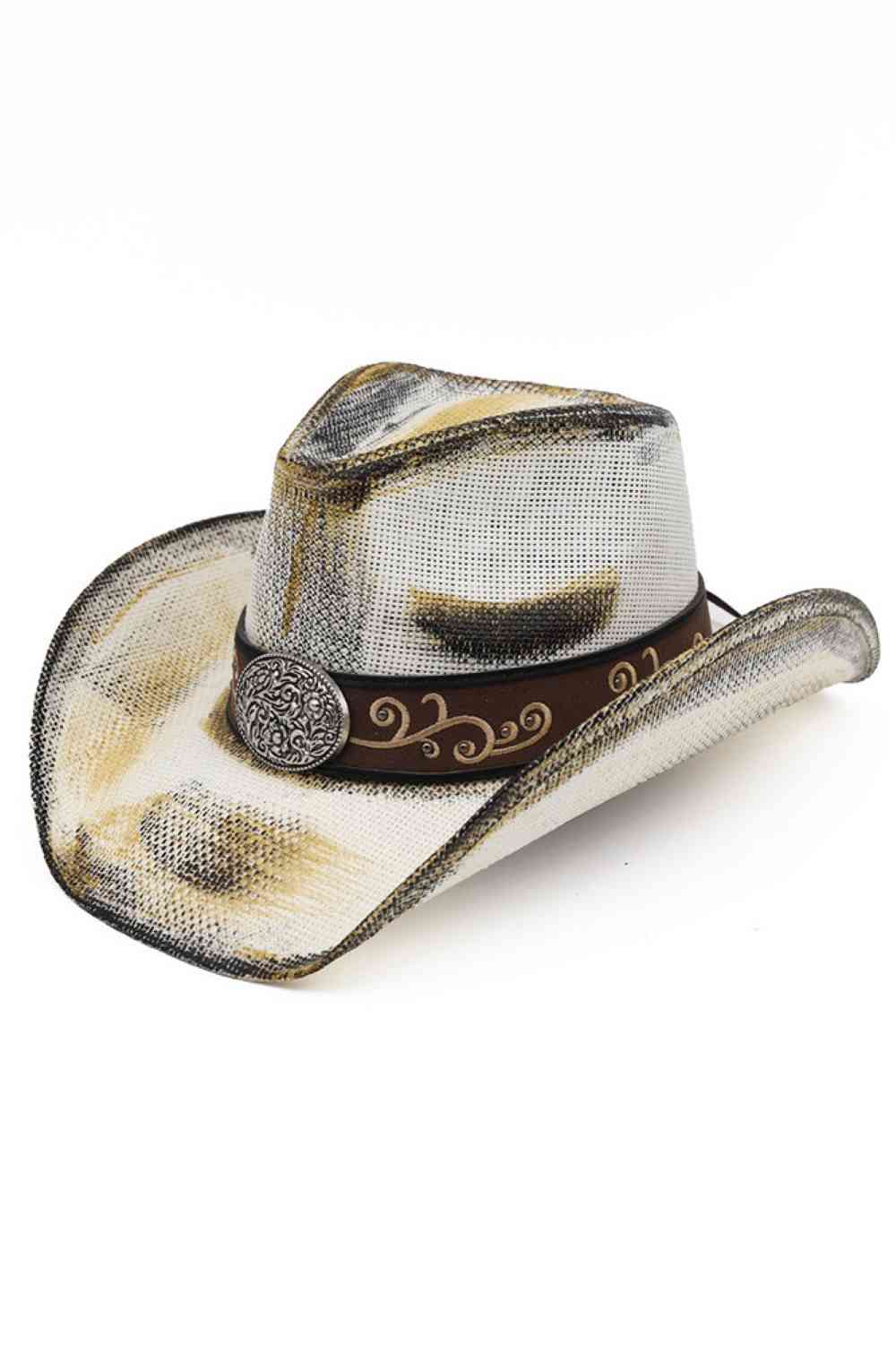 Ornate Oval Buckle Faux Leather Band Antique Wash Cowboy Hat