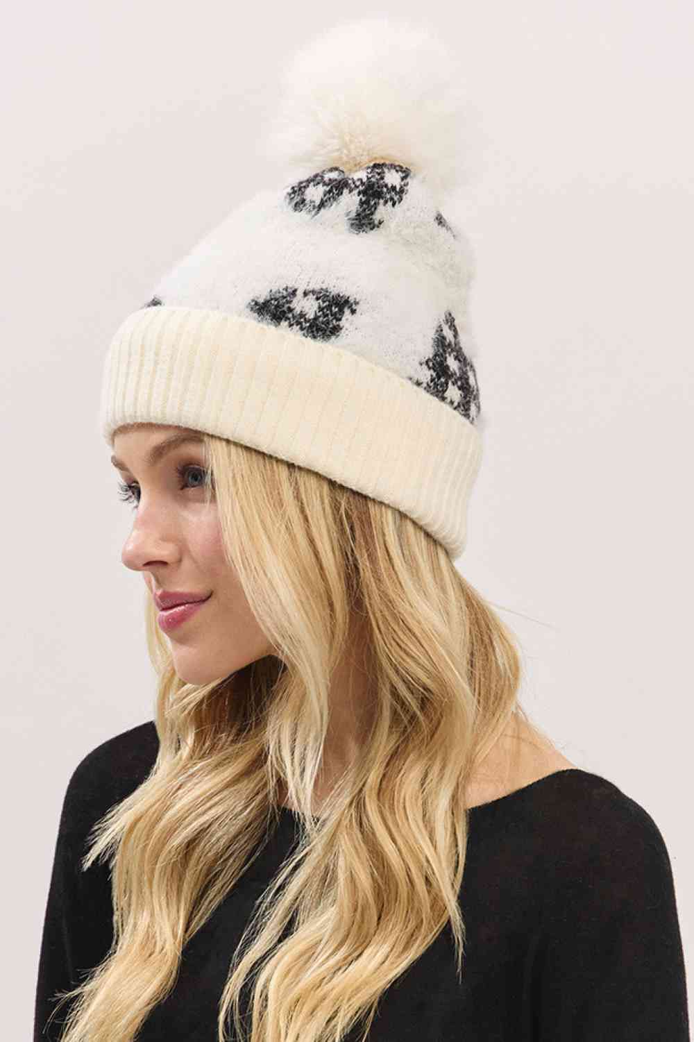 Plaid Pattern Fur Mixed Fleeced Pom Beanie Hat