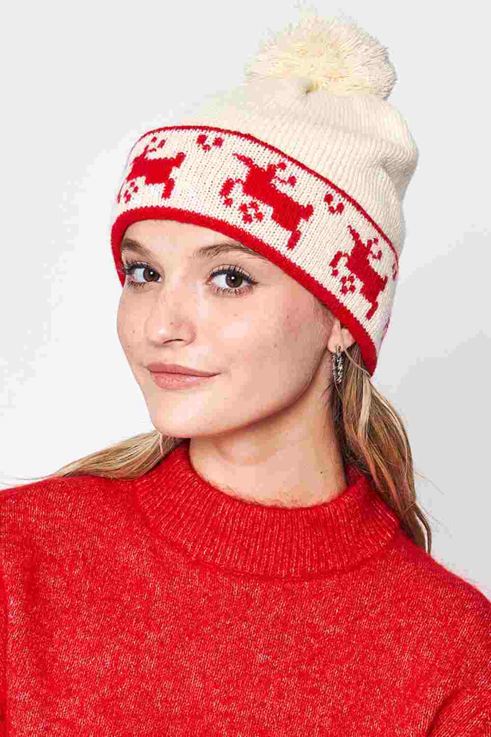 Reindeer Christmas Holiday Pom Beanie