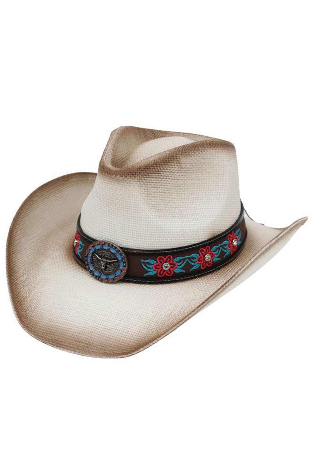 Rhinestone Flower Embroidered with Longhorn Cowboy Hat
