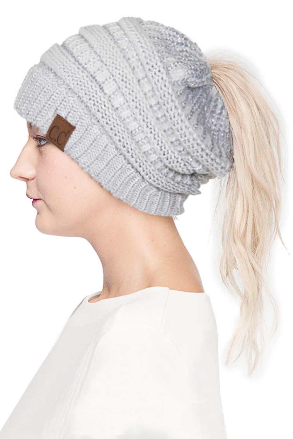 C.C Metallic Messy Bun Ponytail Beanie