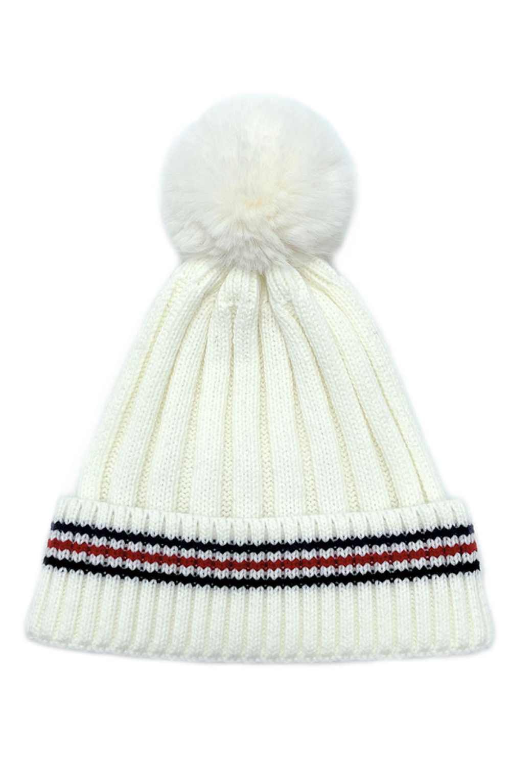 Stripe Rib Super Soft Cuff Beanie with Faux Fur Pom