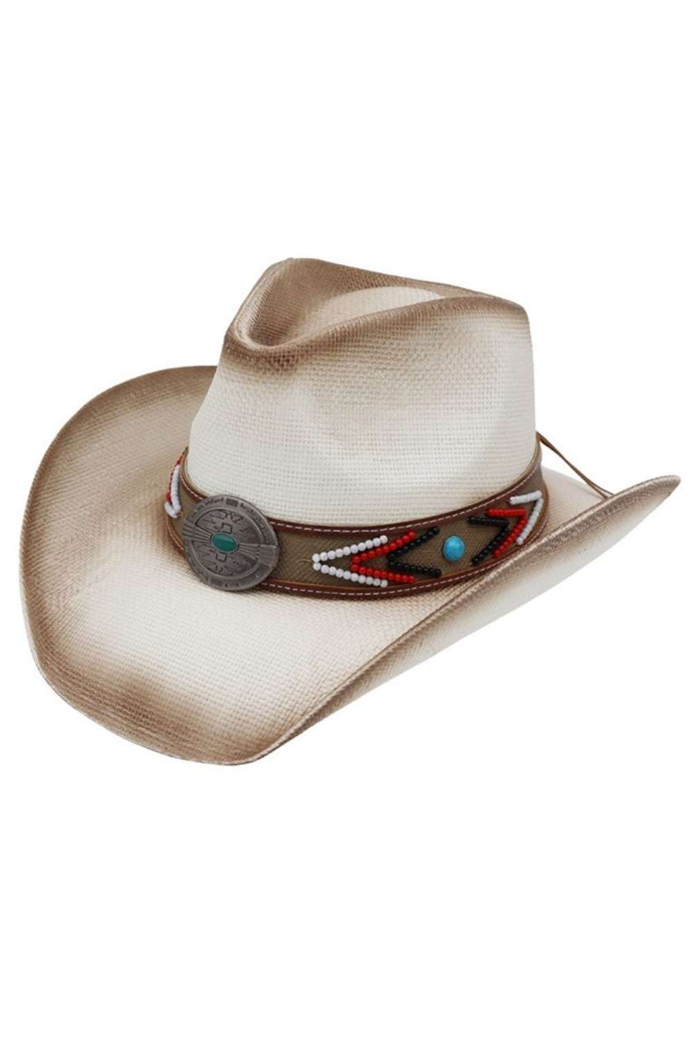 Turquoise Concho Beaded Band Vintage Western Straw CowboyHat