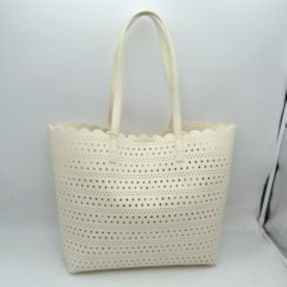 Laser-Cut Perforated Tote Bag with Scalloped Top Edge and Integrated Shoulder Straps