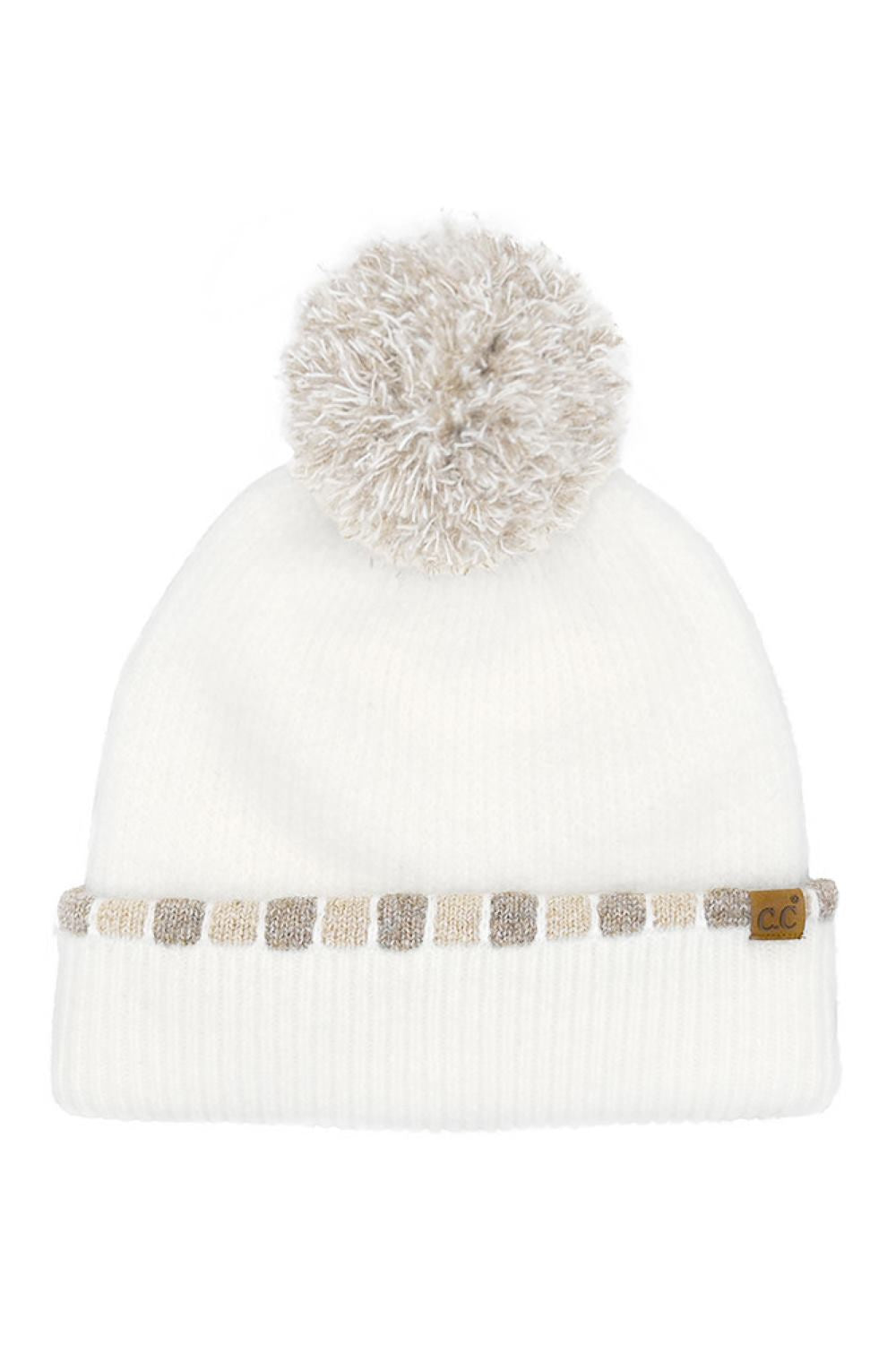 C.C Neutral Horizontal Stripe Cuffed Pom Beanie