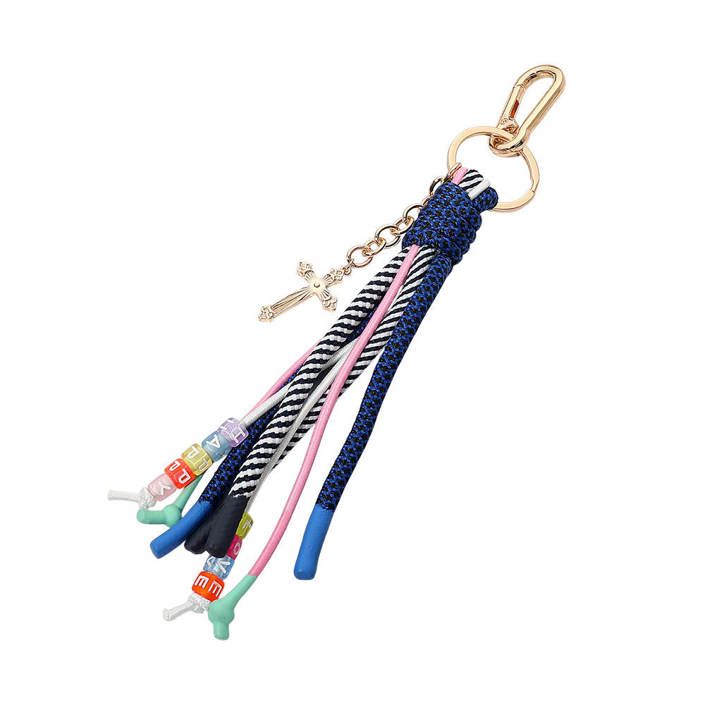 Cross Charm Drop HAPPY LOVE Message Beaded Rope Tassel Keychain Bag Charm