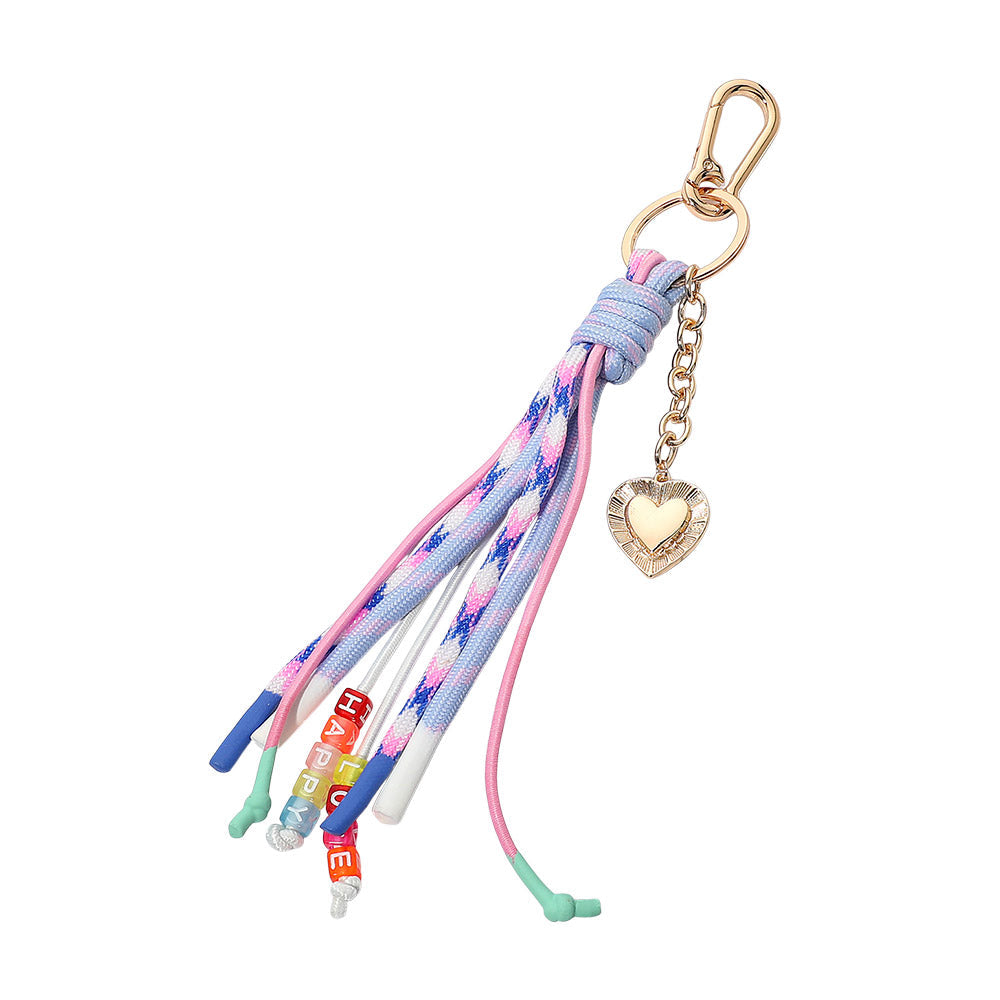 Heart Charm Drop HAPPY LOVE Message Beaded Rope Tassel Keychain Bag Charm