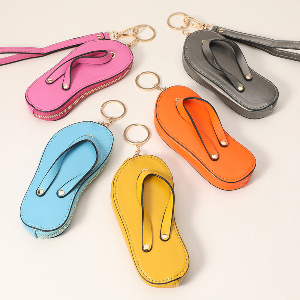 Faux Leather Flip-flop Mini Wristlet Keychain Bag Charm Coin Purse