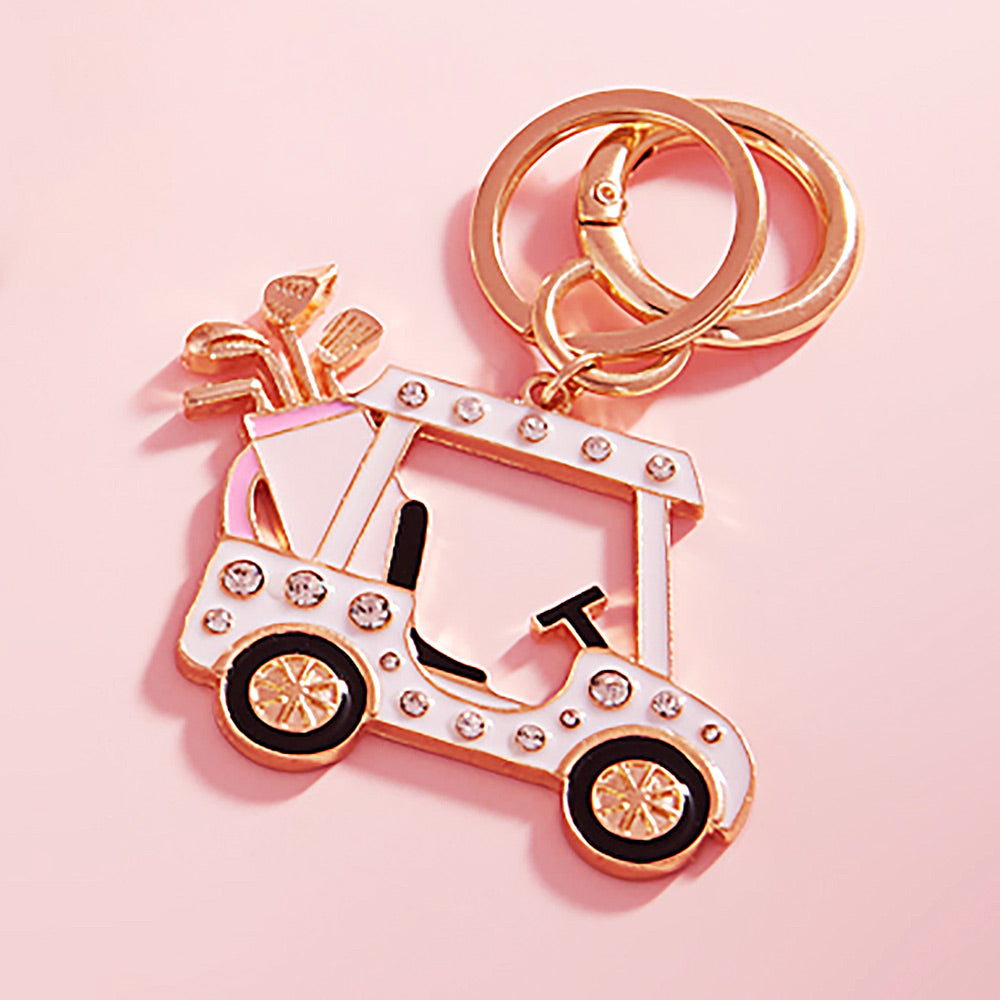 Stone Pointed Enamel Golf Cart Keychain Bag Charm
